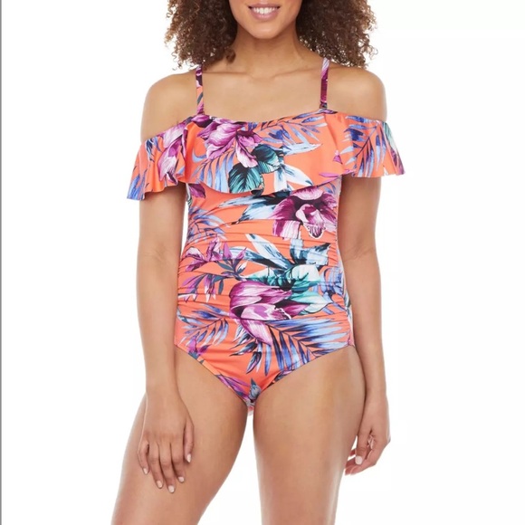 Women’s Liz Claiborne Floral Ruffle Ruched Padded One Piece Swimsuit Size 12 - Picture 1 of 16